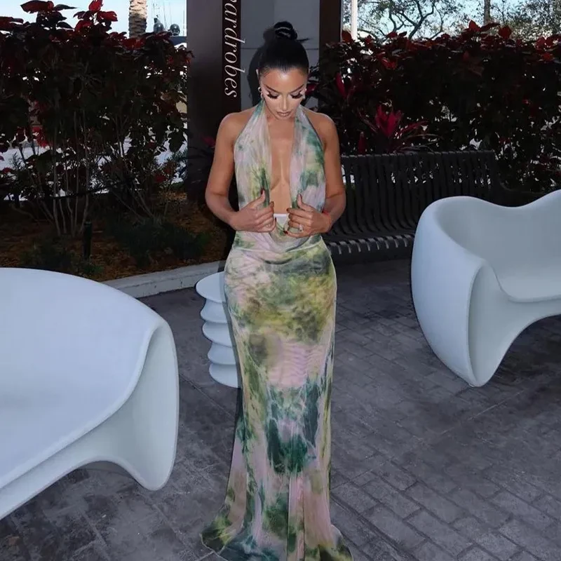 Conjunto de 2 piezas con estampado tie-dye, escote en V profundo, cuello halter, espalda descubierta, vestidos largos para fiesta en la playa