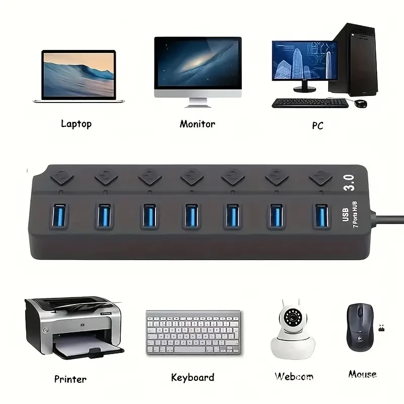 Concentrador divisor de datos USB 3.0 de 7 puertos de alta velocidad