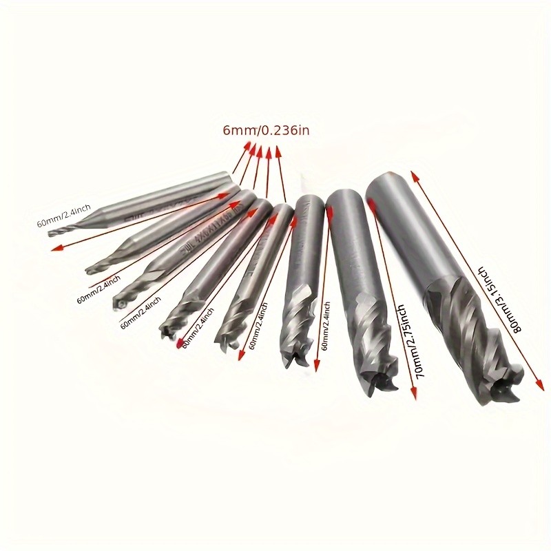 Juego de 8 fresas rectas HSS de 4 flautas, brocas de precisión de 1/16" a 1/2", para metal, madera y plástico, duraderas y versátiles.