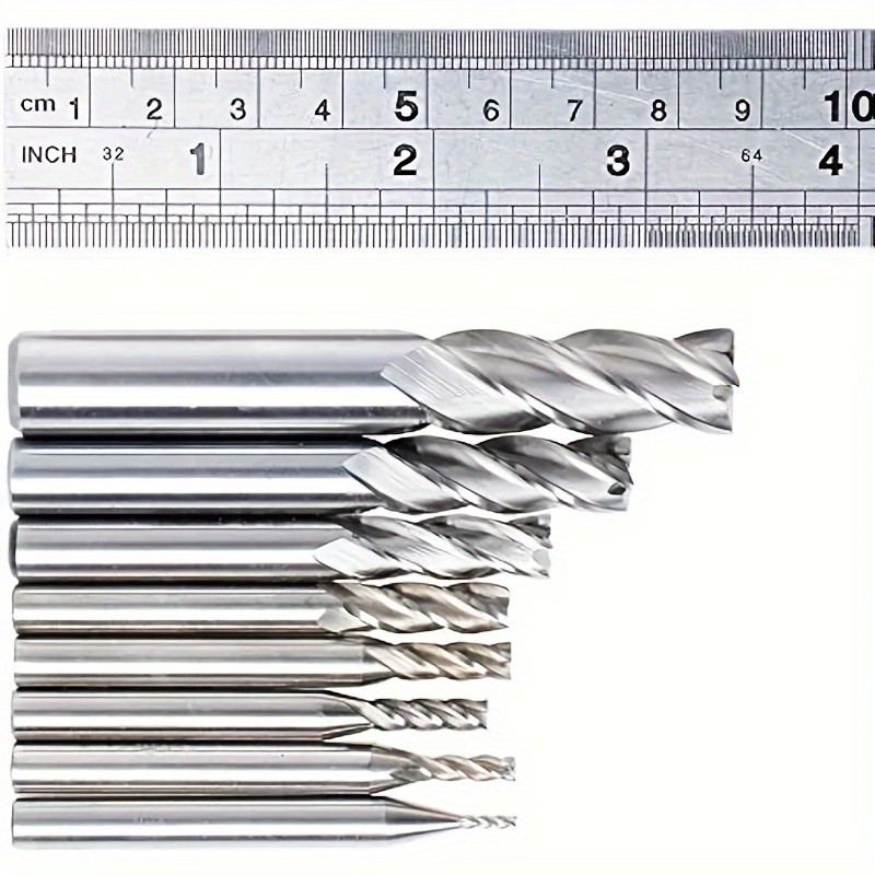 Juego de 8 fresas rectas HSS de 4 flautas, brocas de precisión de 1/16" a 1/2", para metal, madera y plástico, duraderas y versátiles.