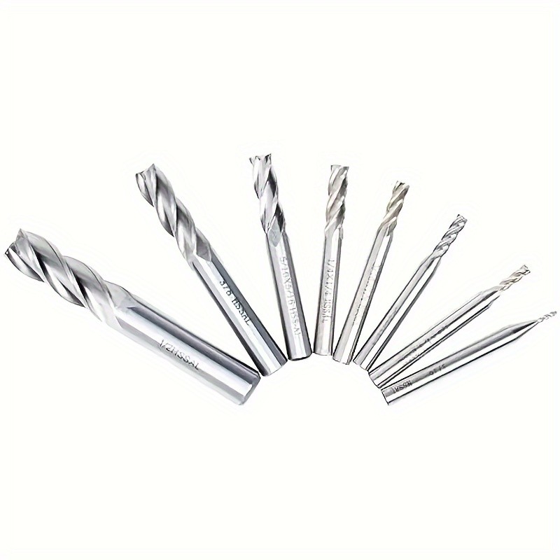 Juego de 8 fresas rectas HSS de 4 flautas, brocas de precisión de 1/16" a 1/2", para metal, madera y plástico, duraderas y versátiles.