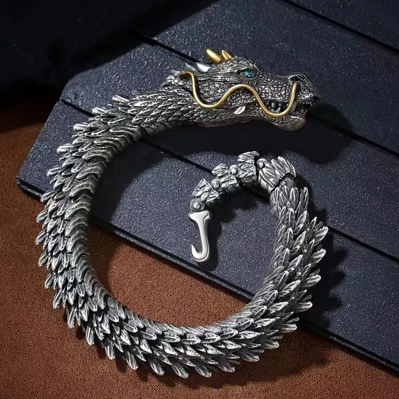 Pulsera de cadena de dragón de plata hecha a mano