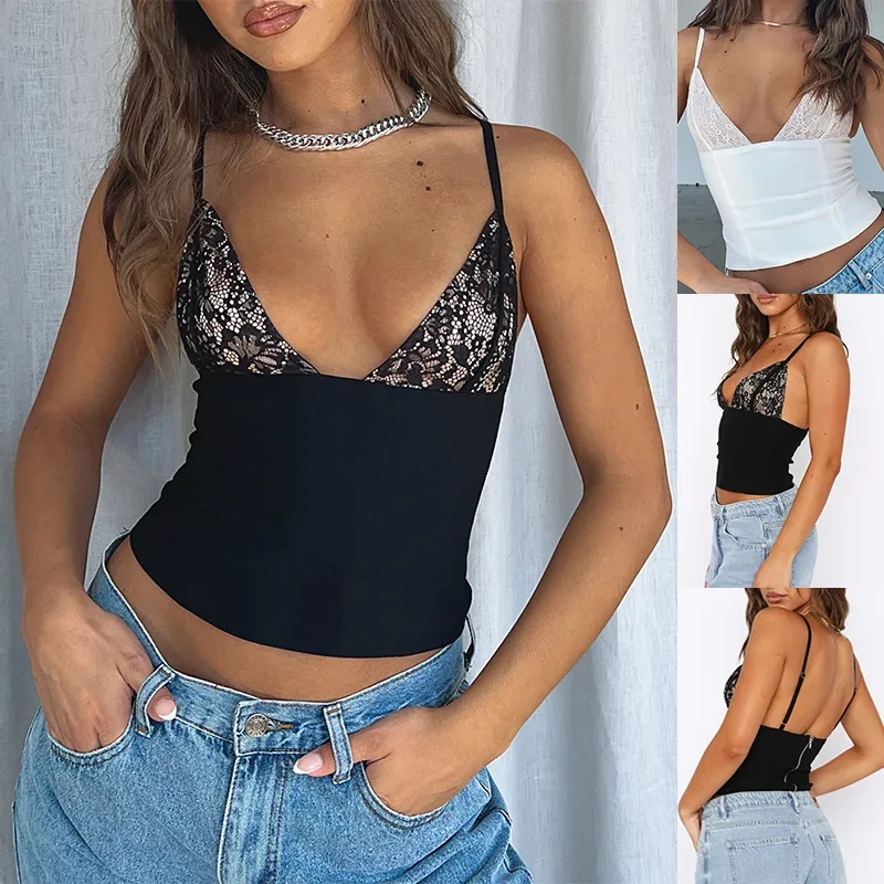 Camisola de encaje con cuello en V y cremallera trasera para mujer, sin mangas