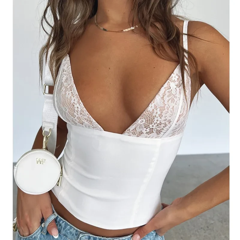 Camisola de encaje con cuello en V y cremallera trasera para mujer, sin mangas
