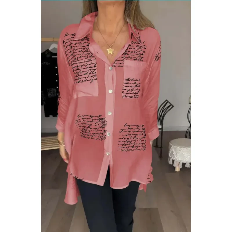 Camisa de manga larga con estampado de letras, estilo urbano, con solapa, para mujer