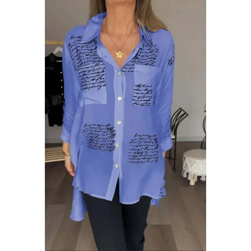 Camisa de manga larga con estampado de letras, estilo urbano, con solapa, para mujer