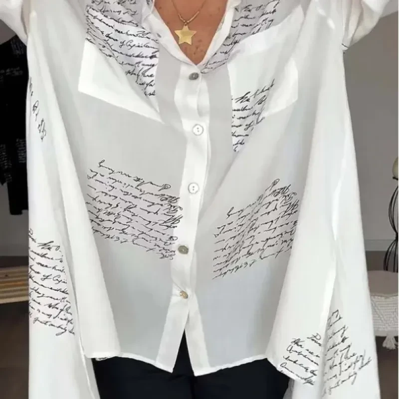Camisa de manga larga con estampado de letras, estilo urbano, con solapa, para mujer