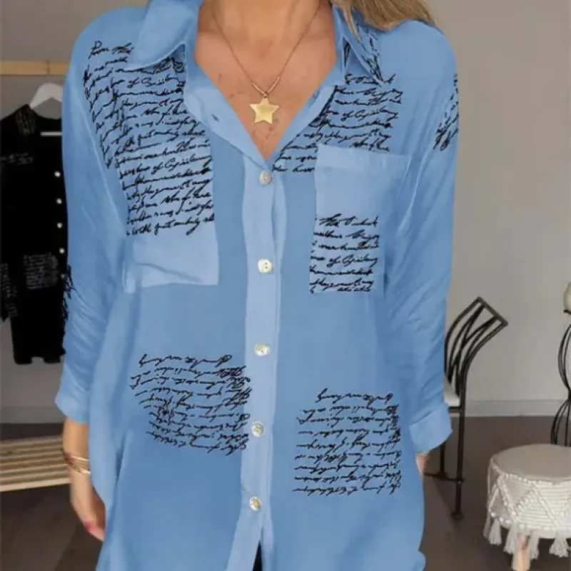 Camisa de manga larga con estampado de letras, estilo urbano, con solapa, para mujer