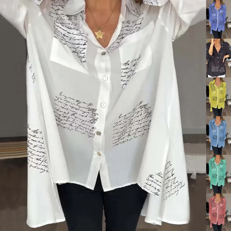 Camisa de manga larga con estampado de letras, estilo urbano, con solapa, para mujer