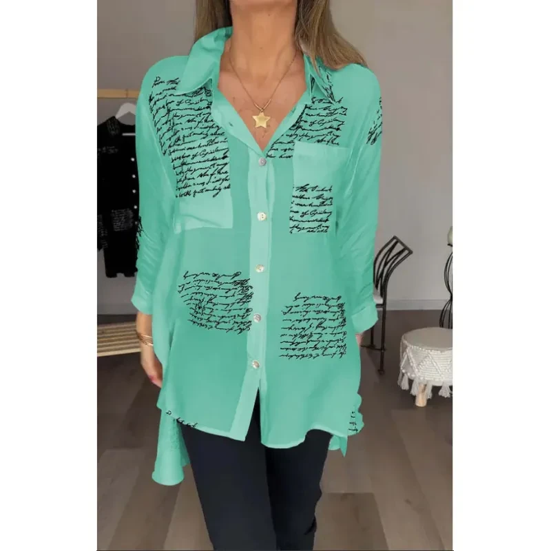Camisa de manga larga con estampado de letras, estilo urbano, con solapa, para mujer