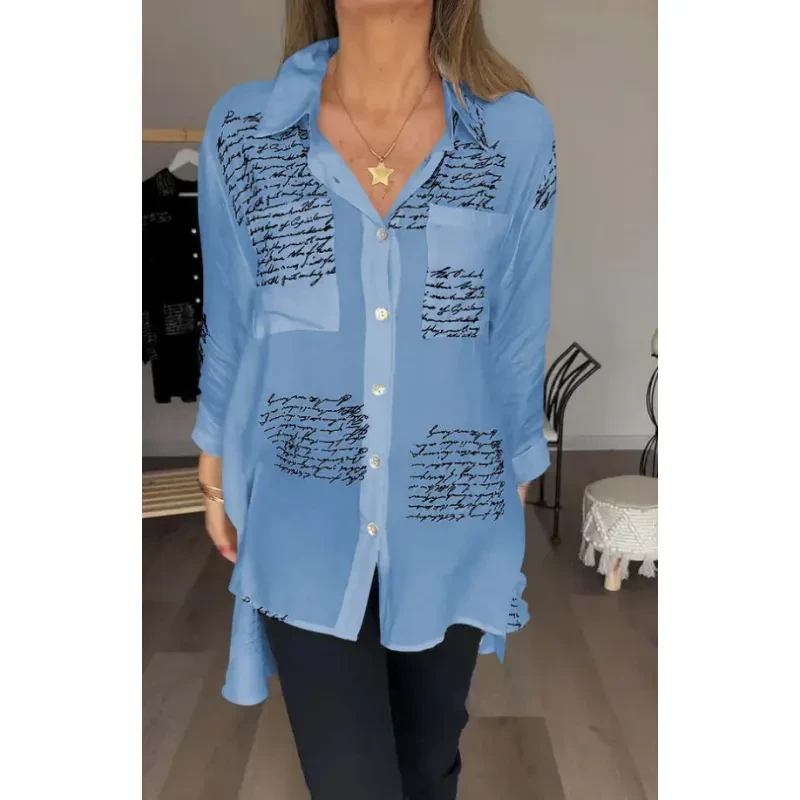Camisa de manga larga con estampado de letras, estilo urbano, con solapa, para mujer