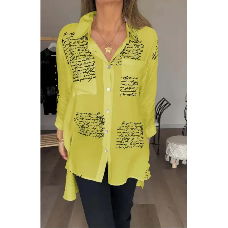 Camisa de manga larga con estampado de letras, estilo urbano, con solapa, para mujer