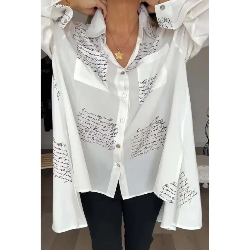 Camisa de manga larga con estampado de letras, estilo urbano, con solapa, para mujer