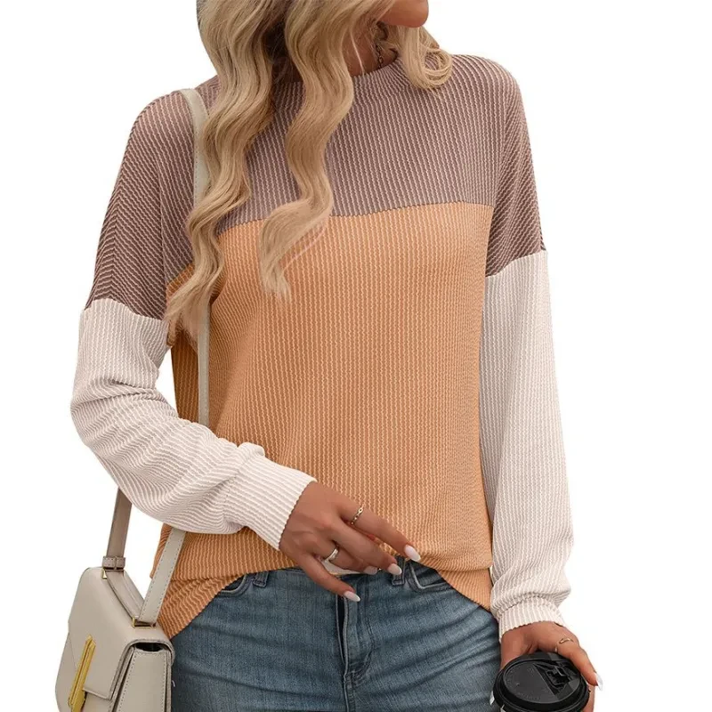 Camiseta holgada de manga larga con cuello redondo y tiras torcidas a juego para mujer