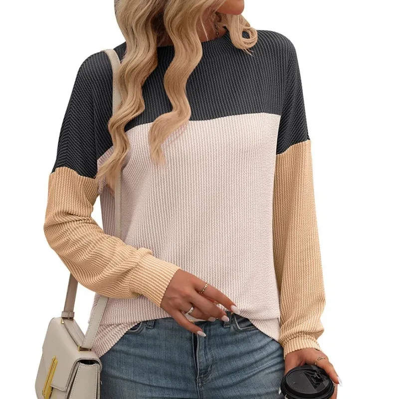 Camiseta holgada de manga larga con cuello redondo y tiras torcidas a juego para mujer
