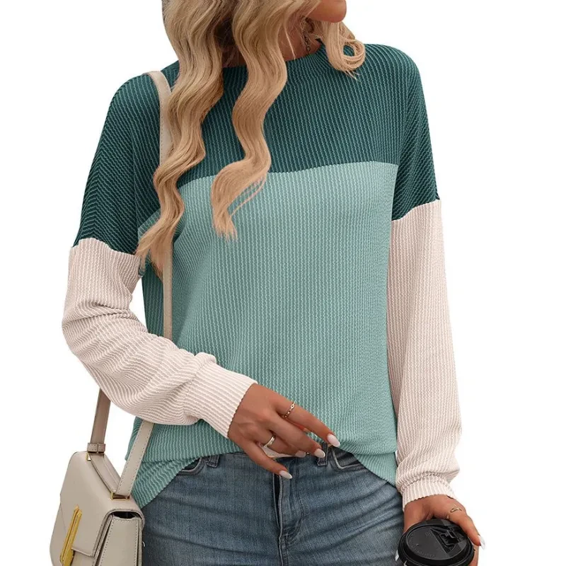 Camiseta holgada de manga larga con cuello redondo y tiras torcidas a juego para mujer