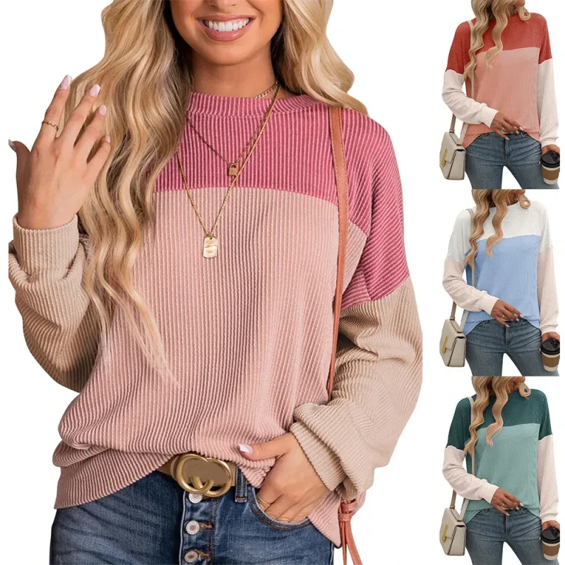 Camiseta holgada de manga larga con cuello redondo y tiras torcidas a juego para mujer