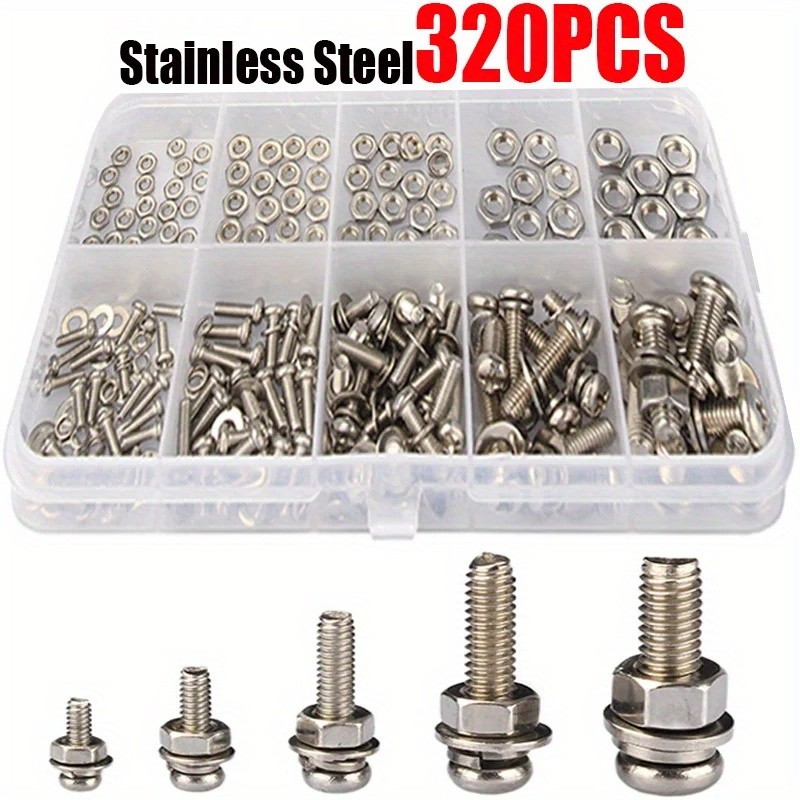 Kit surtido de 320 tornillos de acero inoxidable SS304, tornillos de cabeza hexagonal, tuercas y pernos M2, M2.5, M3, M4 y M5, juego de tuercas y pernos métricos.