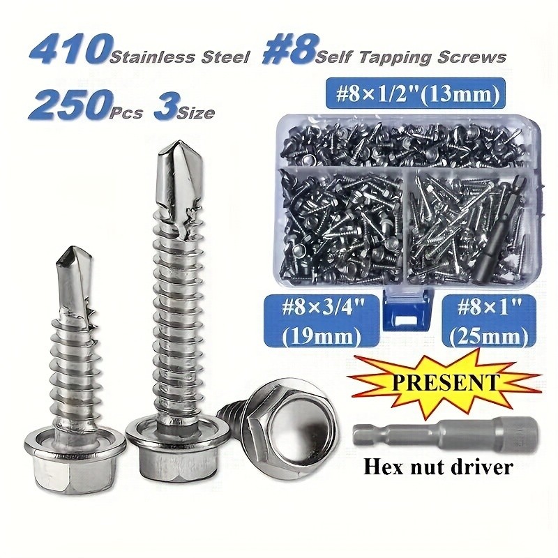 Kit surtido de 250 tornillos autorroscantes TEK de acero inoxidable 410 n.° 8, tornillos hexagonales autoperforantes para metal, muebles, construcción y reparación con cabeza de arandela hexagonal, incluye destornillador para tuercas hexagonales.