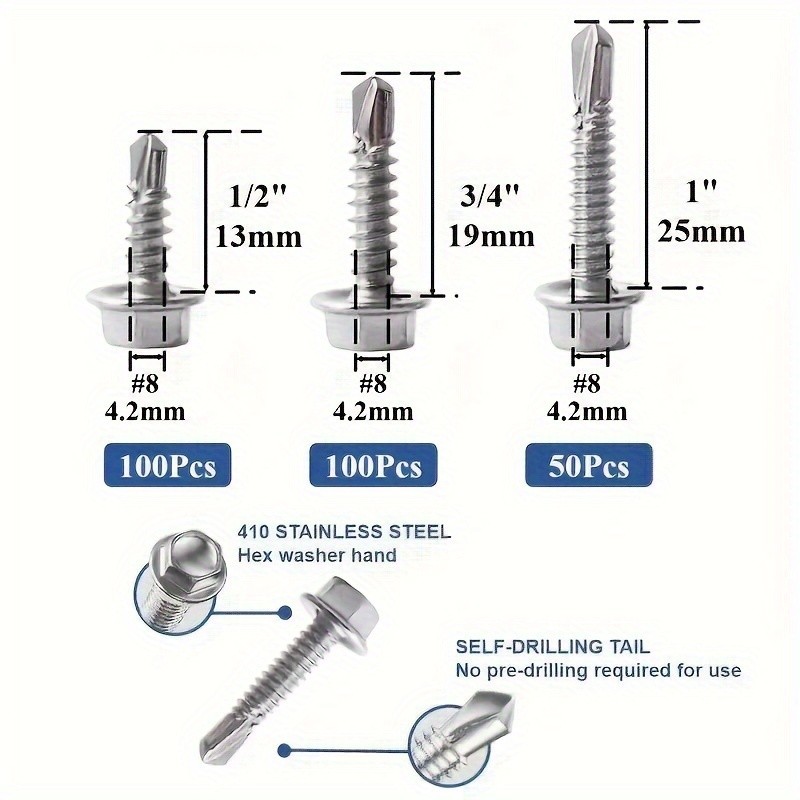 Kit surtido de 250 tornillos autorroscantes TEK de acero inoxidable 410 n.° 8, tornillos hexagonales autoperforantes para metal, muebles, construcción y reparación con cabeza de arandela hexagonal, incluye destornillador para tuercas hexagonales.