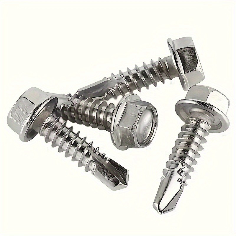 Kit surtido de 250 tornillos autorroscantes TEK de acero inoxidable 410 n.° 8, tornillos hexagonales autoperforantes para metal, muebles, construcción y reparación con cabeza de arandela hexagonal, incluye destornillador para tuercas hexagonales.