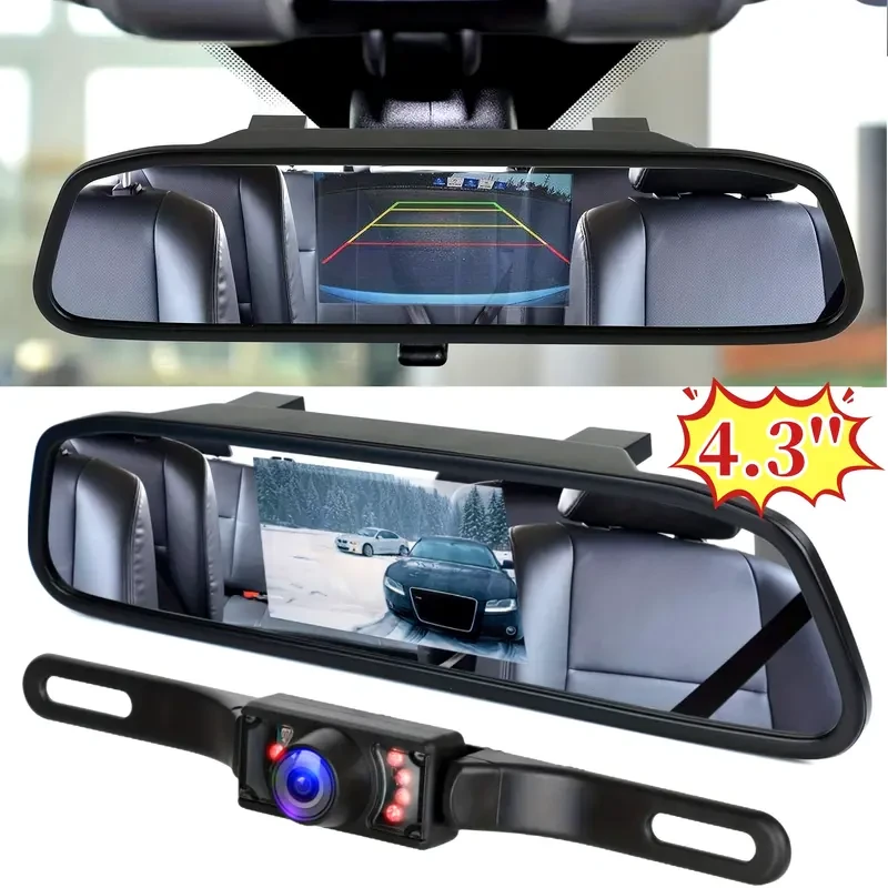 Espejo retrovisor con cámara de 10,92 cm y 7 LED de visión nocturna - Kit de monitor de marcha atrás para estacionamiento