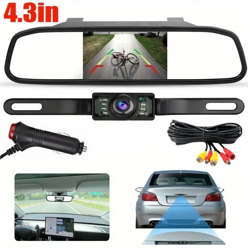 Espejo retrovisor con cámara de 10,92 cm y 7 LED de visión nocturna - Kit de monitor de marcha atrás para estacionamiento