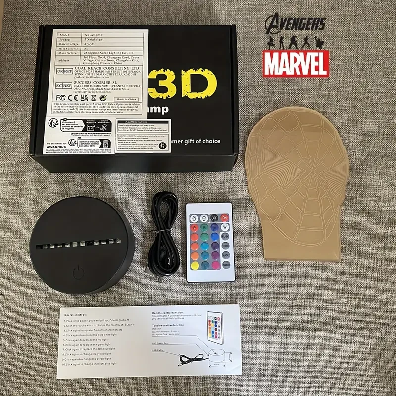 Lámpara de noche USB 3D de Héroes de Marvel con control remoto - Decoración de mesita de noche acrílica multicolor