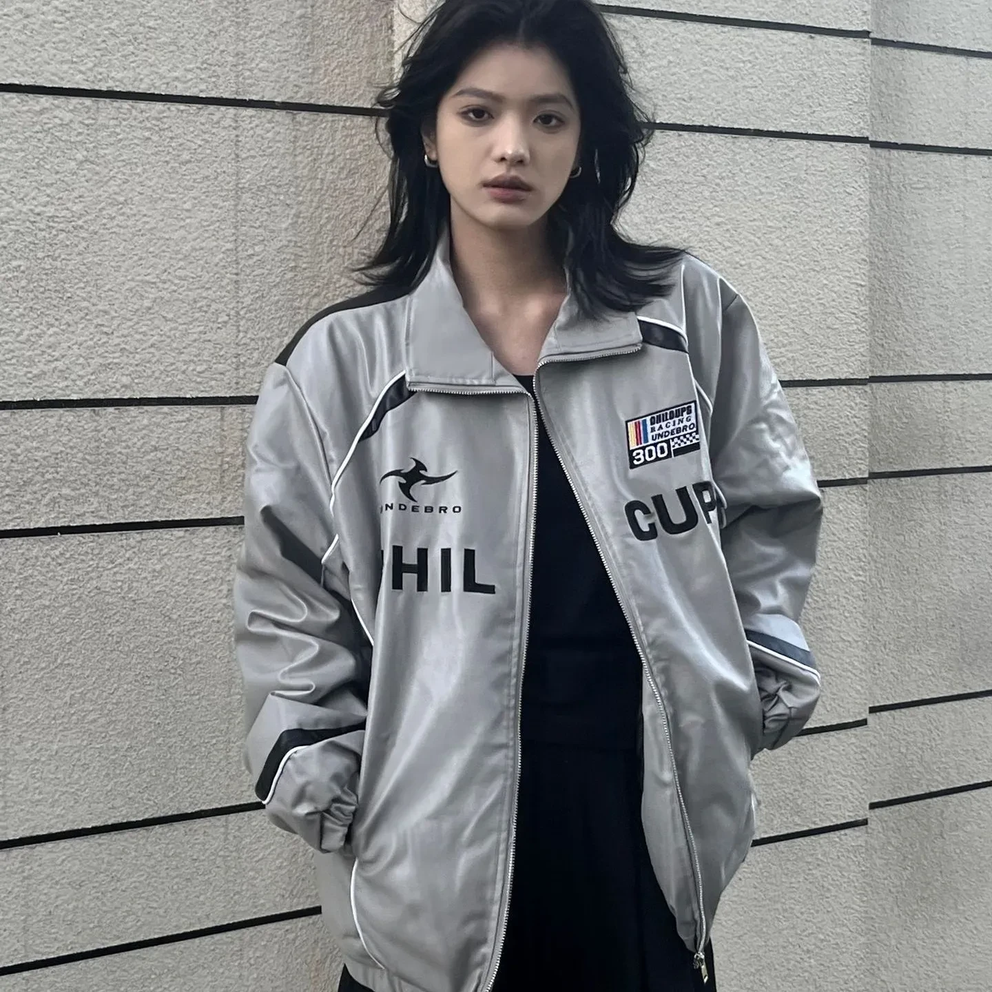 Chaqueta de motociclista de PU holgada con bordado de pareja americana