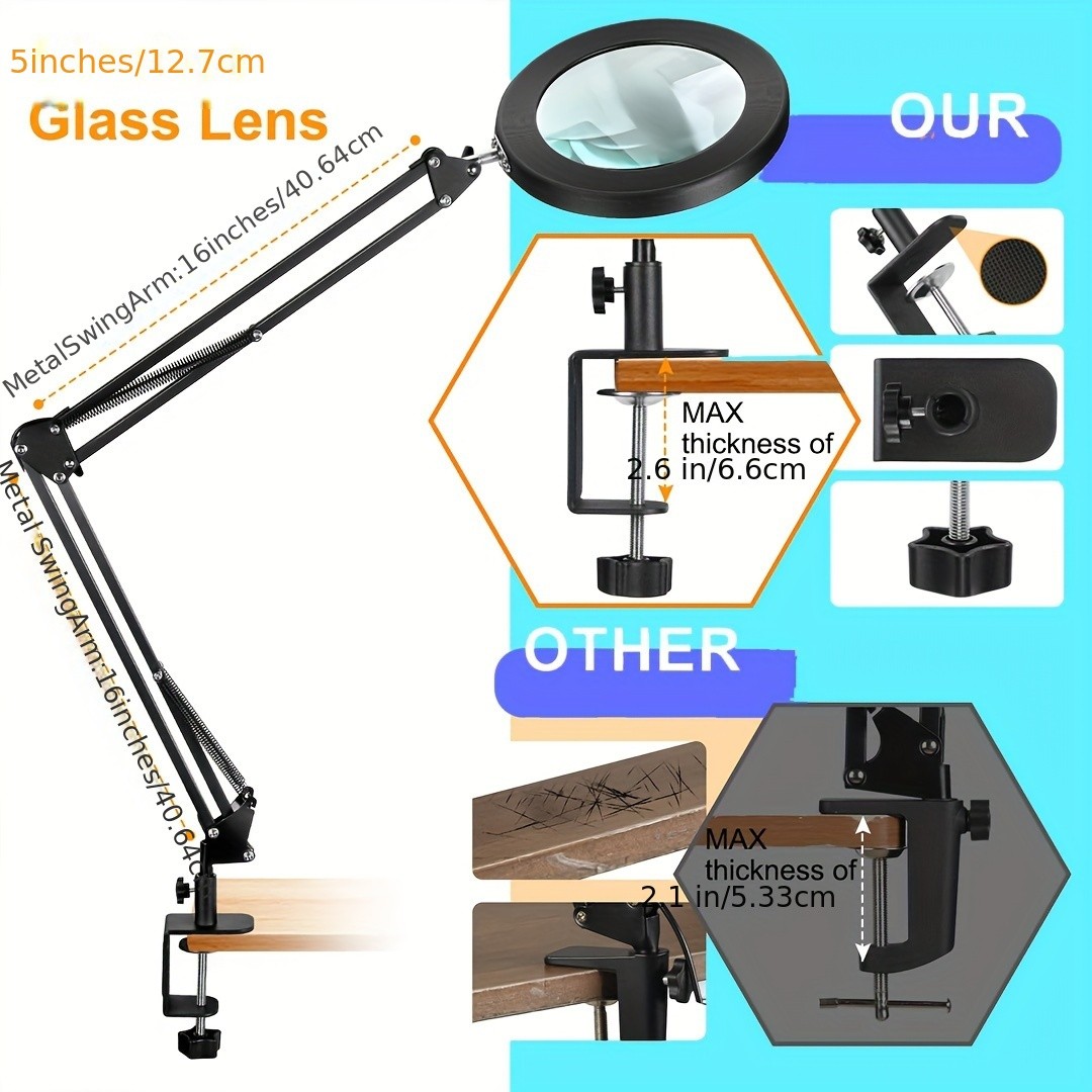 Lupa grande y versátil de 10 aumentos con luz, lupa iluminada de 5 pulgadas con soporte de vidrio auténtico, 3 modos de color, lámpara de escritorio con aumento LED regulable sin escalonamientos y abrazadera, manos libres para trabajos de cerca, manualida