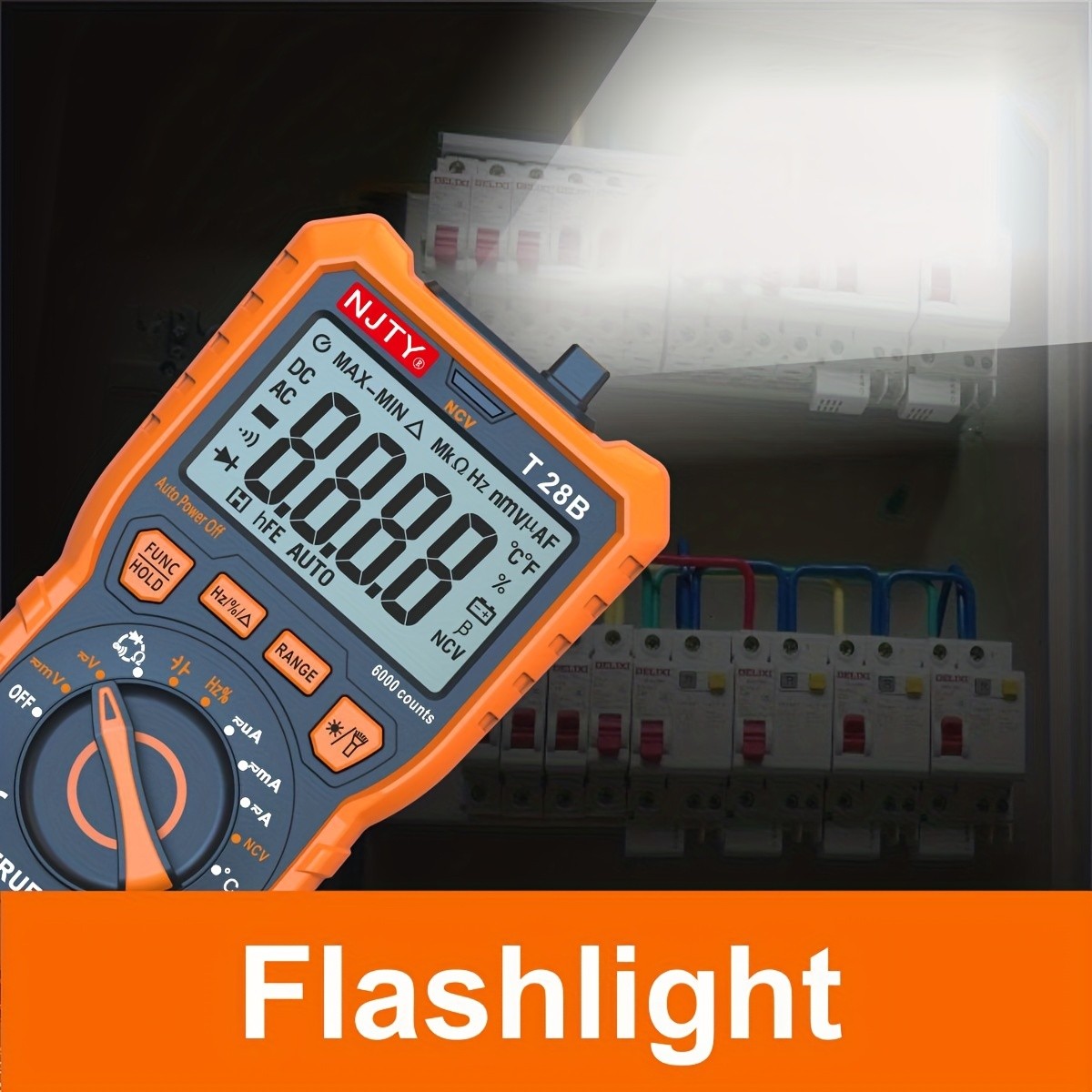 Multímetro digital TRMS: mide voltaje, corriente, resistencia, diodos, continuidad, ciclo de trabajo, capacitancia y temperatura. Ideal para uso automotriz.
