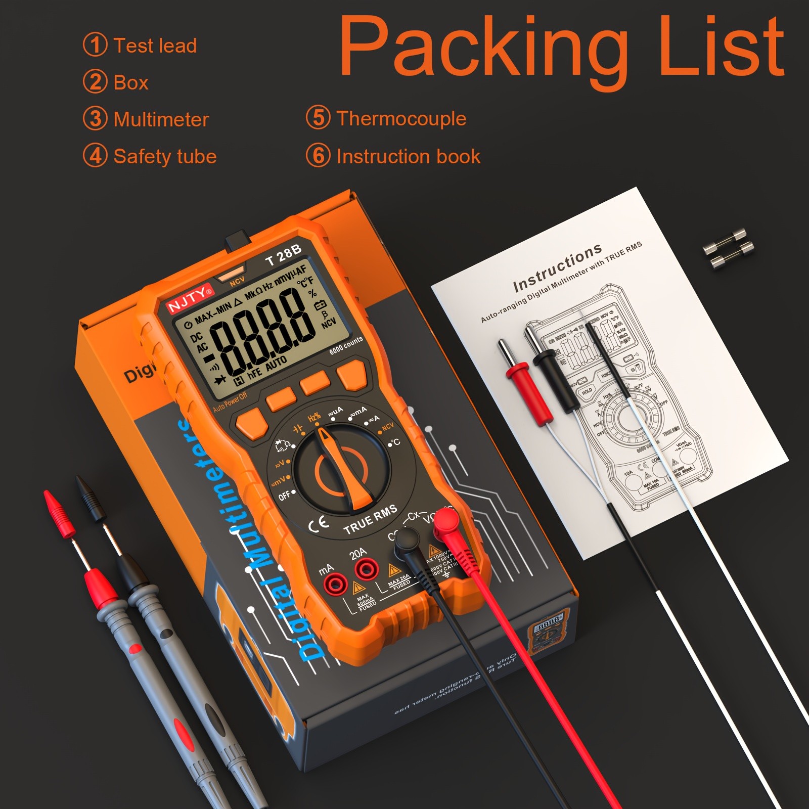 Multímetro digital TRMS: mide voltaje, corriente, resistencia, diodos, continuidad, ciclo de trabajo, capacitancia y temperatura. Ideal para uso automotriz.