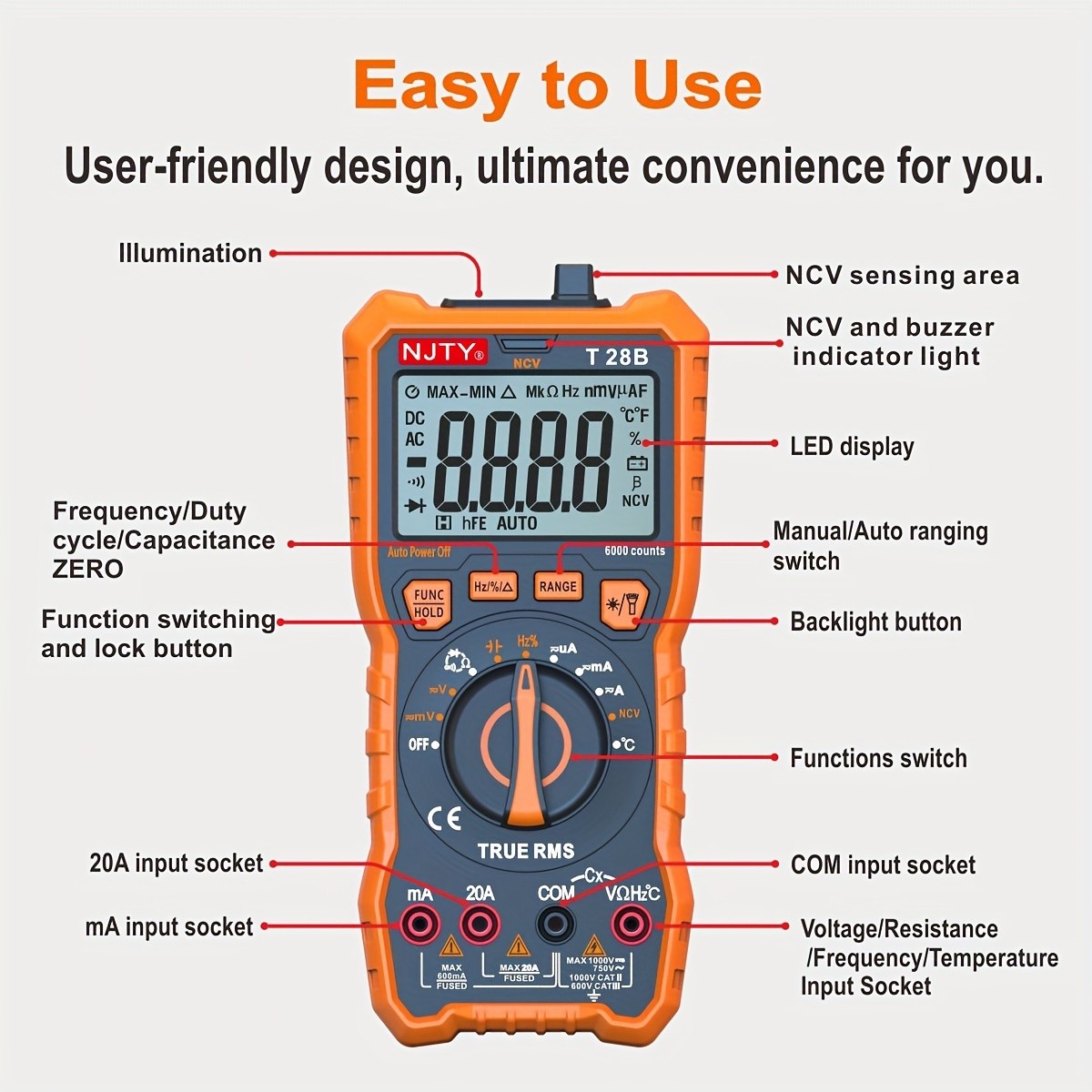 Multímetro digital TRMS: mide voltaje, corriente, resistencia, diodos, continuidad, ciclo de trabajo, capacitancia y temperatura. Ideal para uso automotriz.