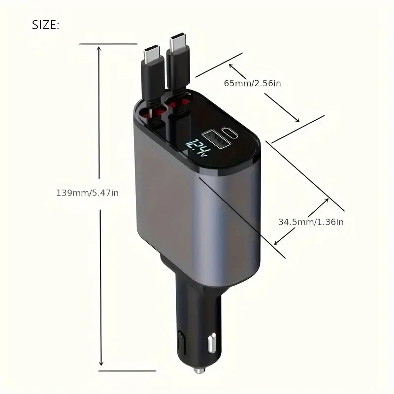 Cargador de coche para teléfono móvil tipo C 4 en 1: adaptador de carga rápida dual USB PD con pantalla de voltaje