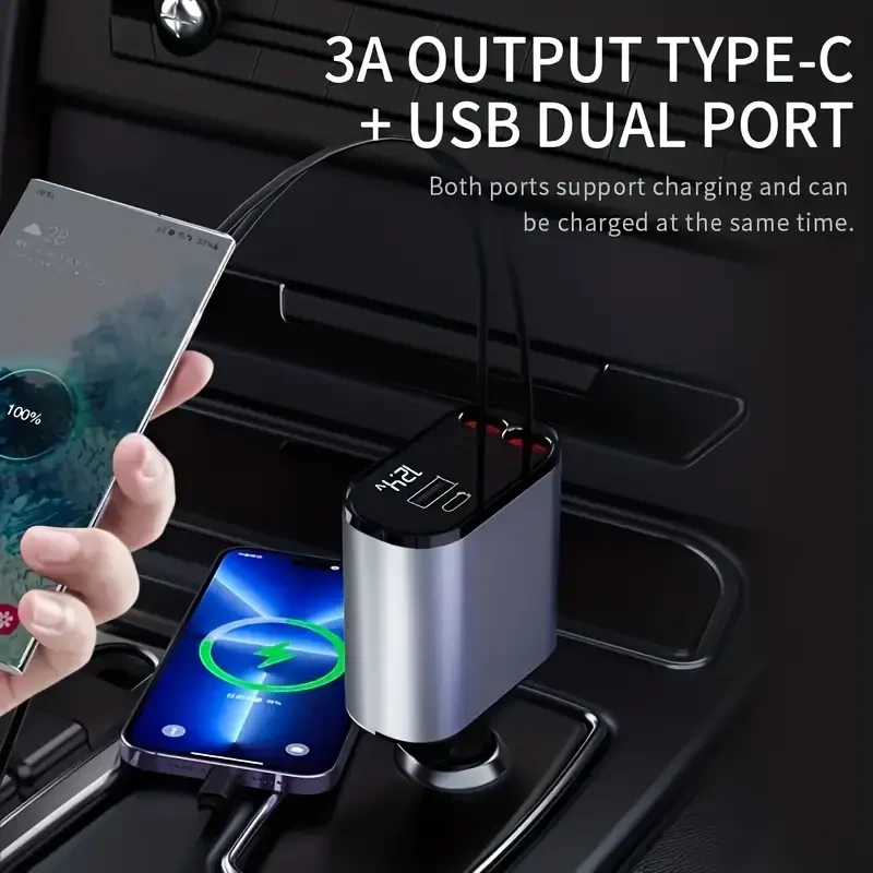 Cargador de coche para teléfono móvil tipo C 4 en 1: adaptador de carga rápida dual USB PD con pantalla de voltaje