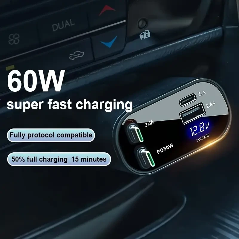 Cargador de coche para teléfono móvil tipo C 4 en 1: adaptador de carga rápida dual USB PD con pantalla de voltaje