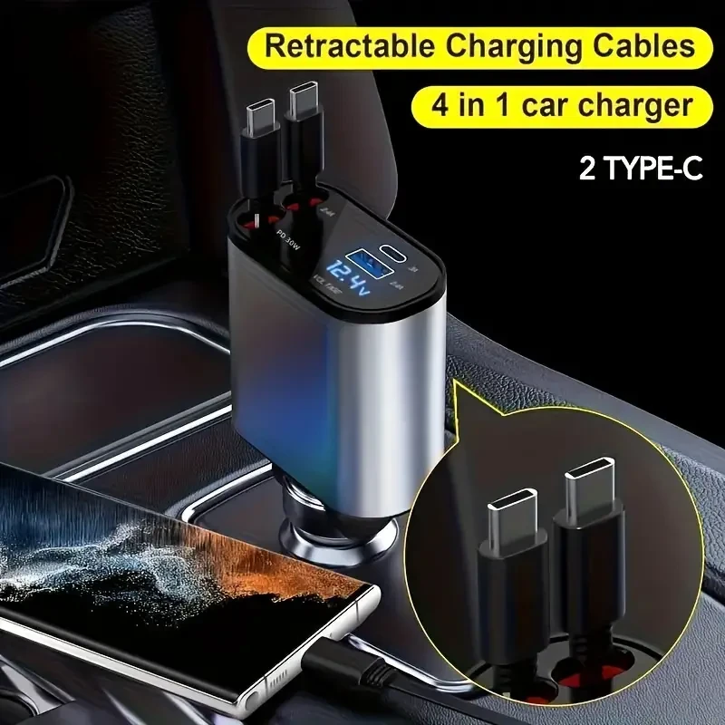 Cargador de coche para teléfono móvil tipo C 4 en 1: adaptador de carga rápida dual USB PD con pantalla de voltaje