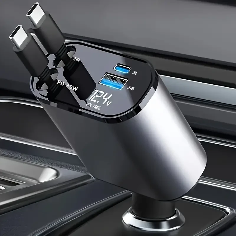 Cargador de coche para teléfono móvil tipo C 4 en 1: adaptador de carga rápida dual USB PD con pantalla de voltaje