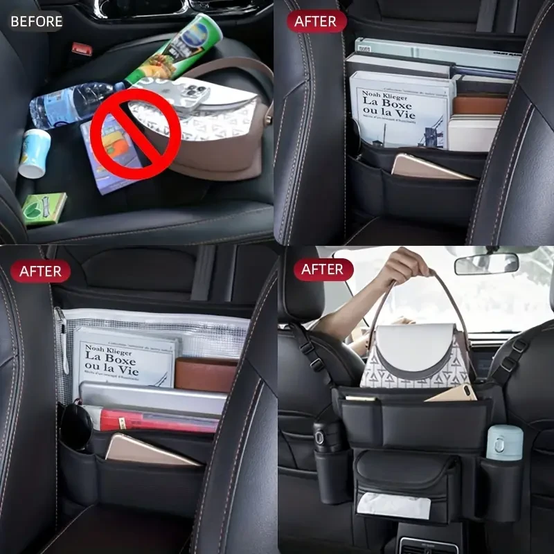 Organizador de asiento de coche de piel sintética: bolsa de almacenamiento multifuncional con soporte para bolso y barrera para mascotas