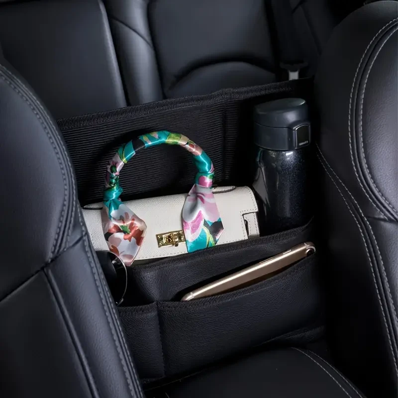 Organizador de asiento de coche de piel sintética: bolsa de almacenamiento multifuncional con soporte para bolso y barrera para mascotas