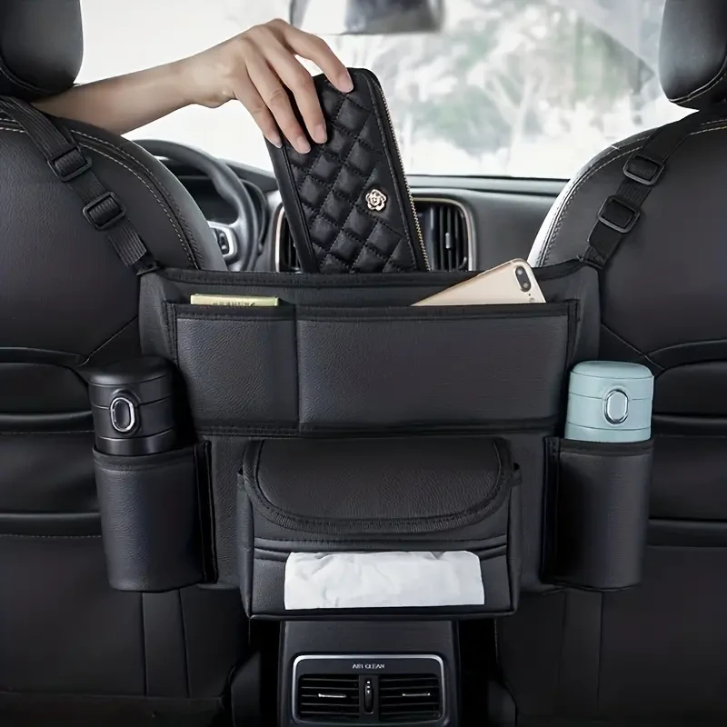 Organizador de asiento de coche de piel sintética: bolsa de almacenamiento multifuncional con soporte para bolso y barrera para mascotas