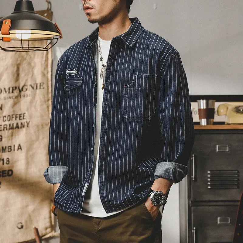 Camisa vaquera de manga larga con rayas gruesas estilo americano