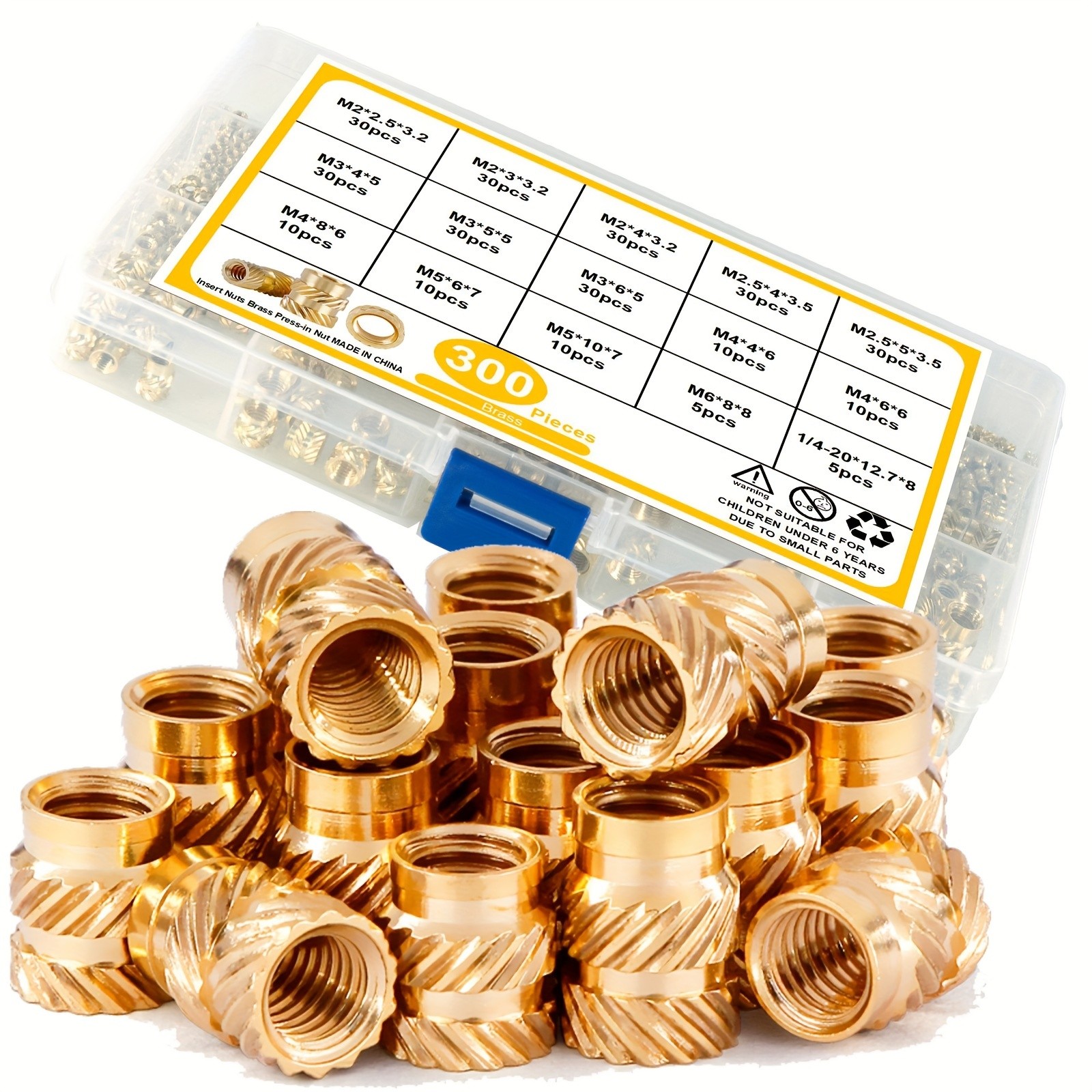 300 insertos roscados de latón para impresora 3D, insertos de tornillos de fijación por calor, tuercas de inserción con rosca moleteada, kit surtido de varios tamaños para cilindros de plástico, sin batería.