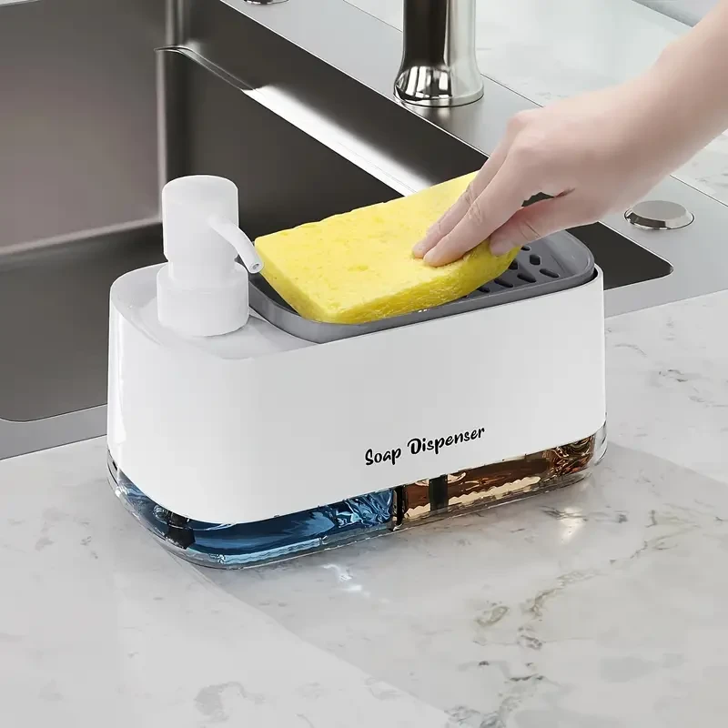 Dispensador de jabón de cocina 4 en 1 con soporte para esponja: dos dispensadores de jabón para manos y lavavajillas.