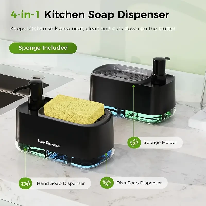 Dispensador de jabón de cocina 4 en 1 con soporte para esponja: dos dispensadores de jabón para manos y lavavajillas.
