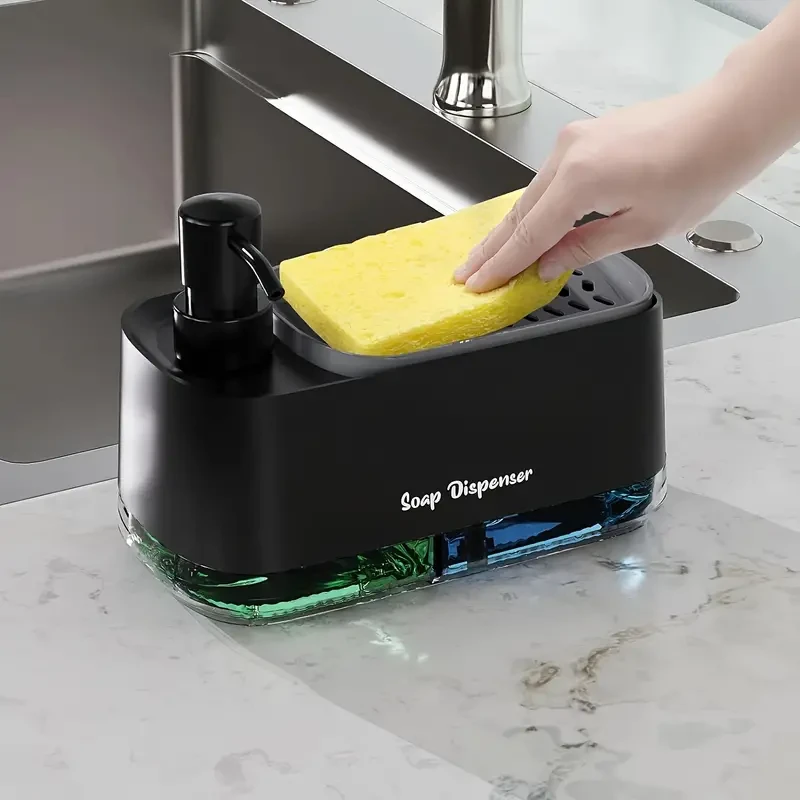 Dispensador de jabón de cocina 4 en 1 con soporte para esponja: dos dispensadores de jabón para manos y lavavajillas.