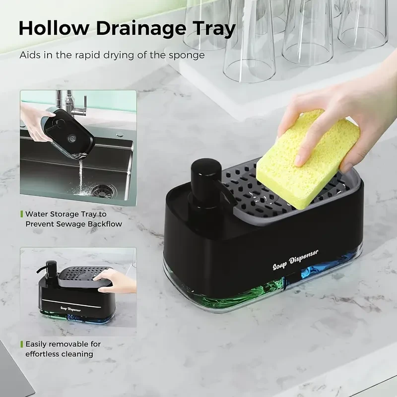 Dispensador de jabón de cocina 4 en 1 con soporte para esponja: dos dispensadores de jabón para manos y lavavajillas.