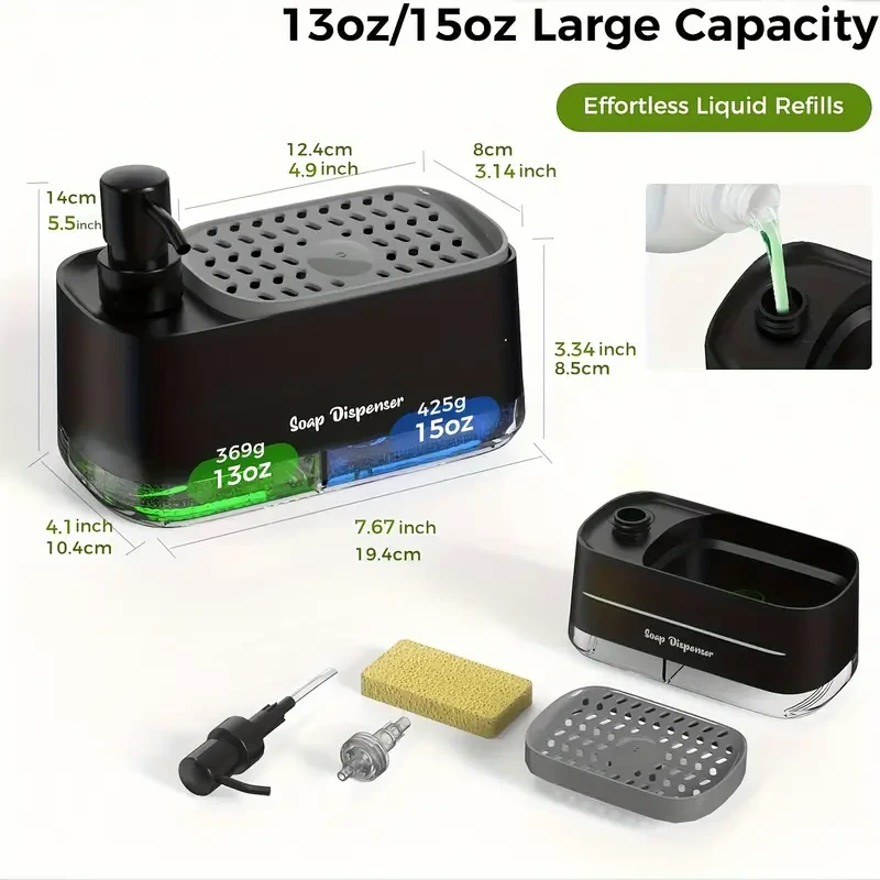 Dispensador de jabón de cocina 4 en 1 con soporte para esponja: dos dispensadores de jabón para manos y lavavajillas.