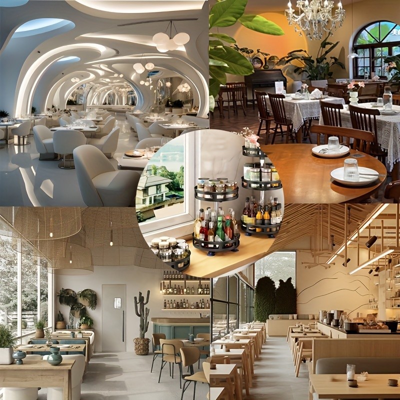 Estante de almacenamiento giratorio multifuncional con altura ajustable y acabado de pintura en aerosol, ideal para la organización de cocinas, baños y encimeras de restaurantes.