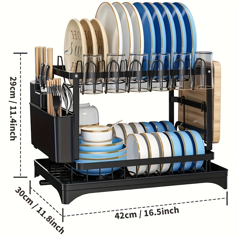 Escurreplatos de 2 niveles con soporte para utensilios, resistente al óxido, con escurridor para encimera.